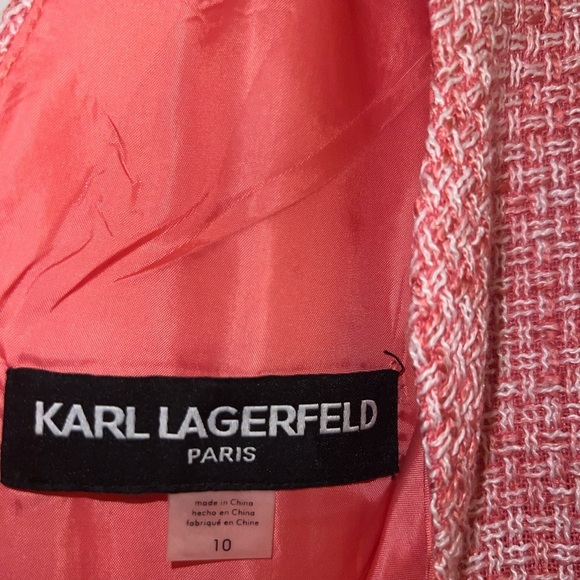 Karl Lagerfeld Paris Designer Tweed Scalloped V Neck Sheath Pink Dress Size 10 - Picture 2 of 11